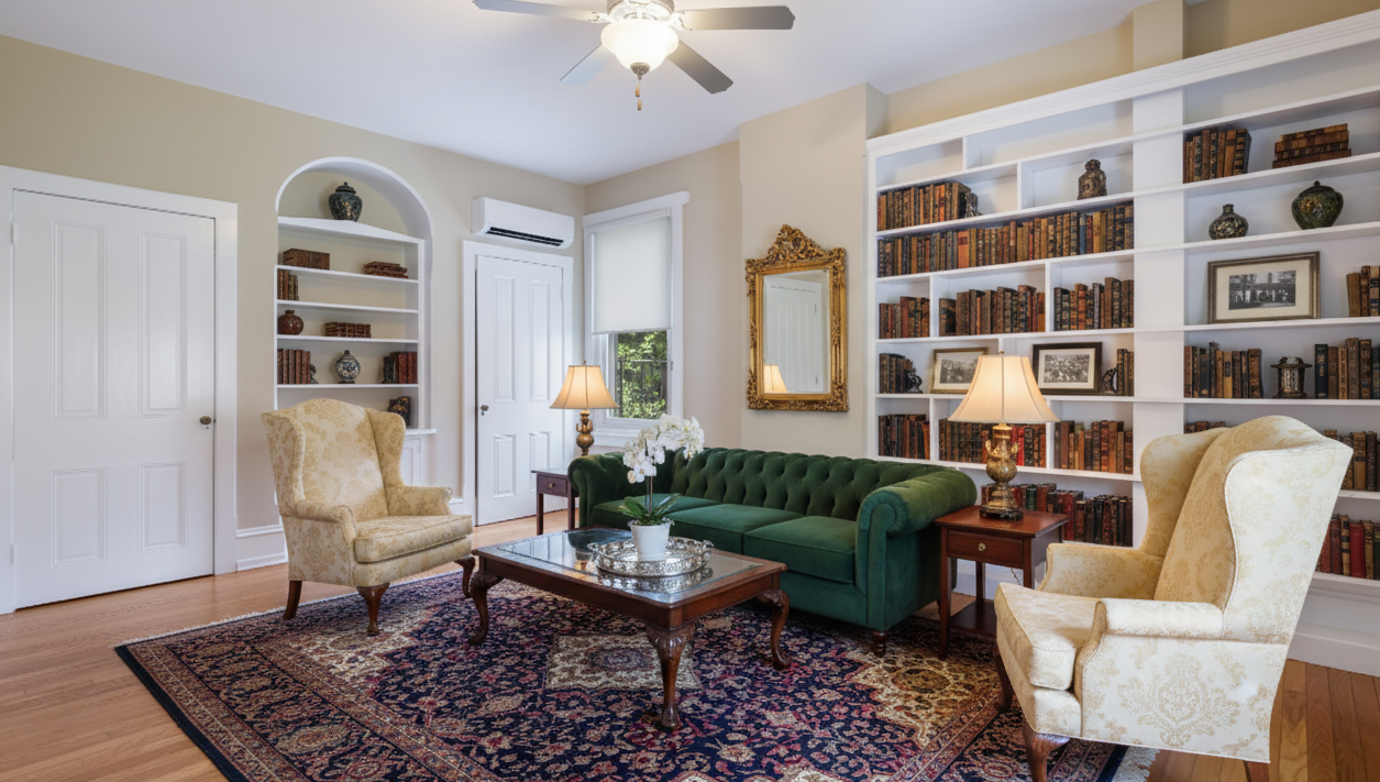 Living room with a green velvet sofa, two cream-colored armchairs, wooden side tables with lamps, a wood coffee table with a potted plant, a large ornate mirror, bookshelves filled with books and vases, a patterned rug, and a ceiling fan.