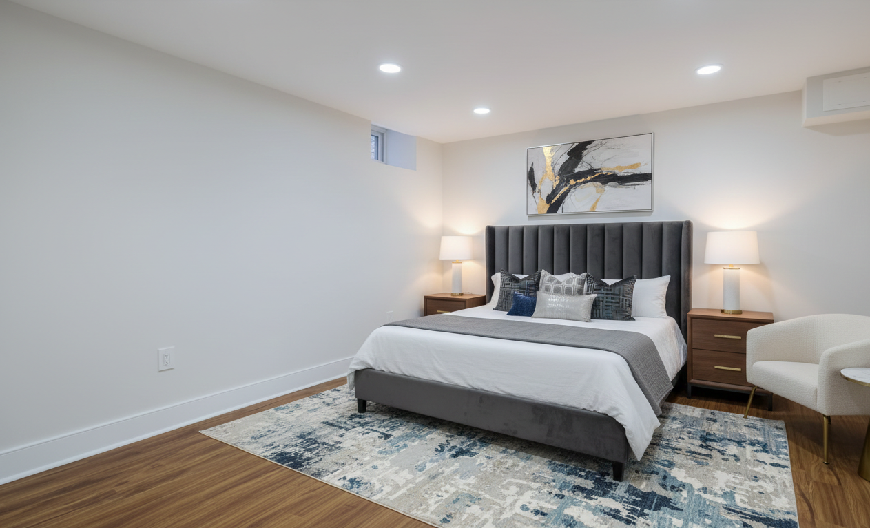 A modern bedroom with a large bed, gray upholstered headboard, white bedding, and decorative pillows. There are two wooden nightstands with lamps, a white armchair, a painting above the bed, and a patterned area rug on hardwood floors.
