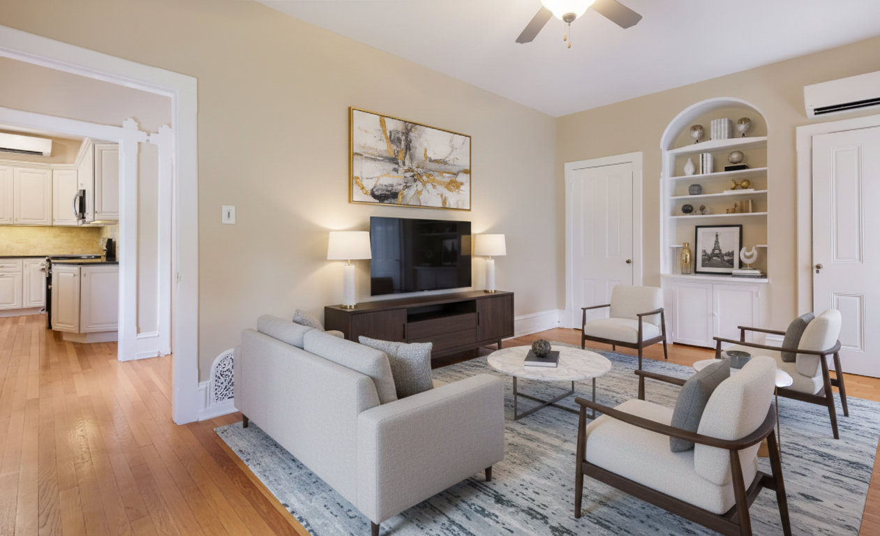 Living room with beige walls, hardwood floors, a ceiling fan, and a white ceiling. There is a medium-sized TV on a dark wooden stand with two table lamps on either side. The wall above the TV has an abstract painting. The seating includes a white sof