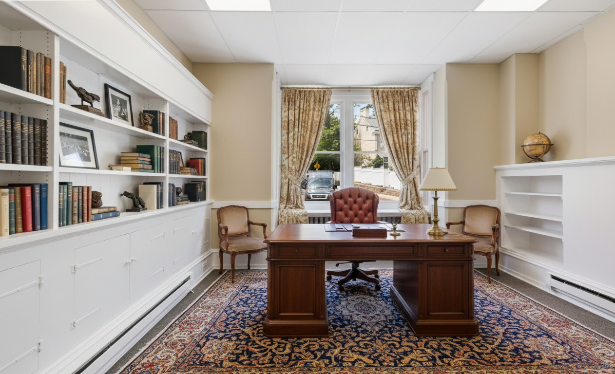 A traditional home office with a large window, wooden desk, tufted leather chair, two side chairs, bookshelves, and a decorative rug.