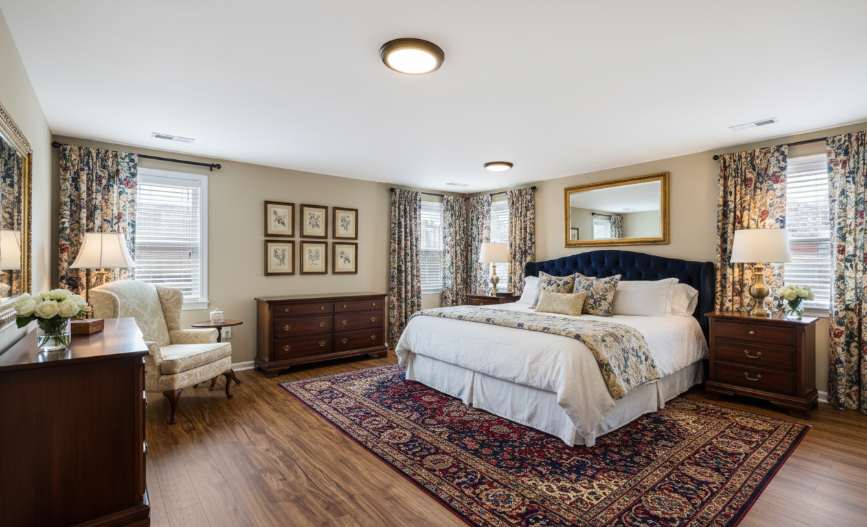 A spacious bedroom with a large bed featuring a blue headboard, floral curtains, and wooden furniture, including bedside tables, a dresser, and a chair. The room has hardwood floors, decorative wall art, and a patterned area rug.