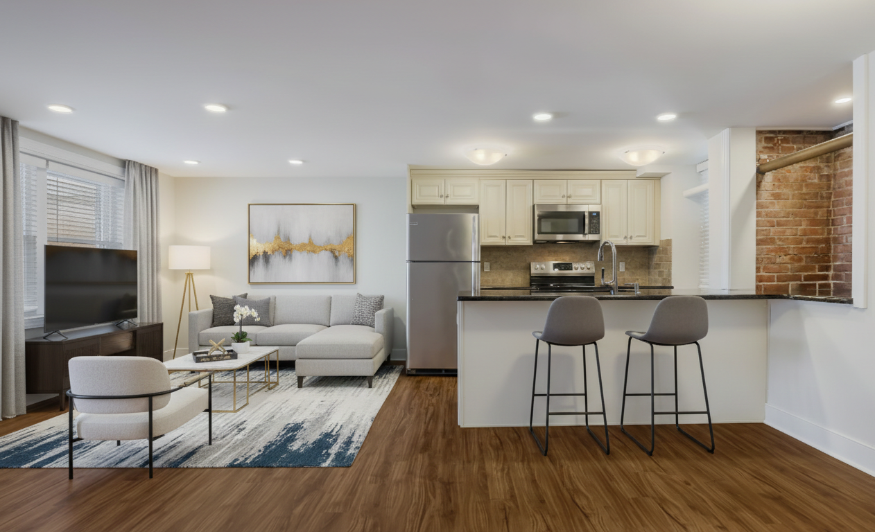 Open-concept living room and kitchen with modern furnishings, a beige sofa, a white armchair, a coffee table, a flat-screen TV, a floor lamp, and a kitchen with white cabinets, stainless steel appliances, a black granite countertop, and two barstools