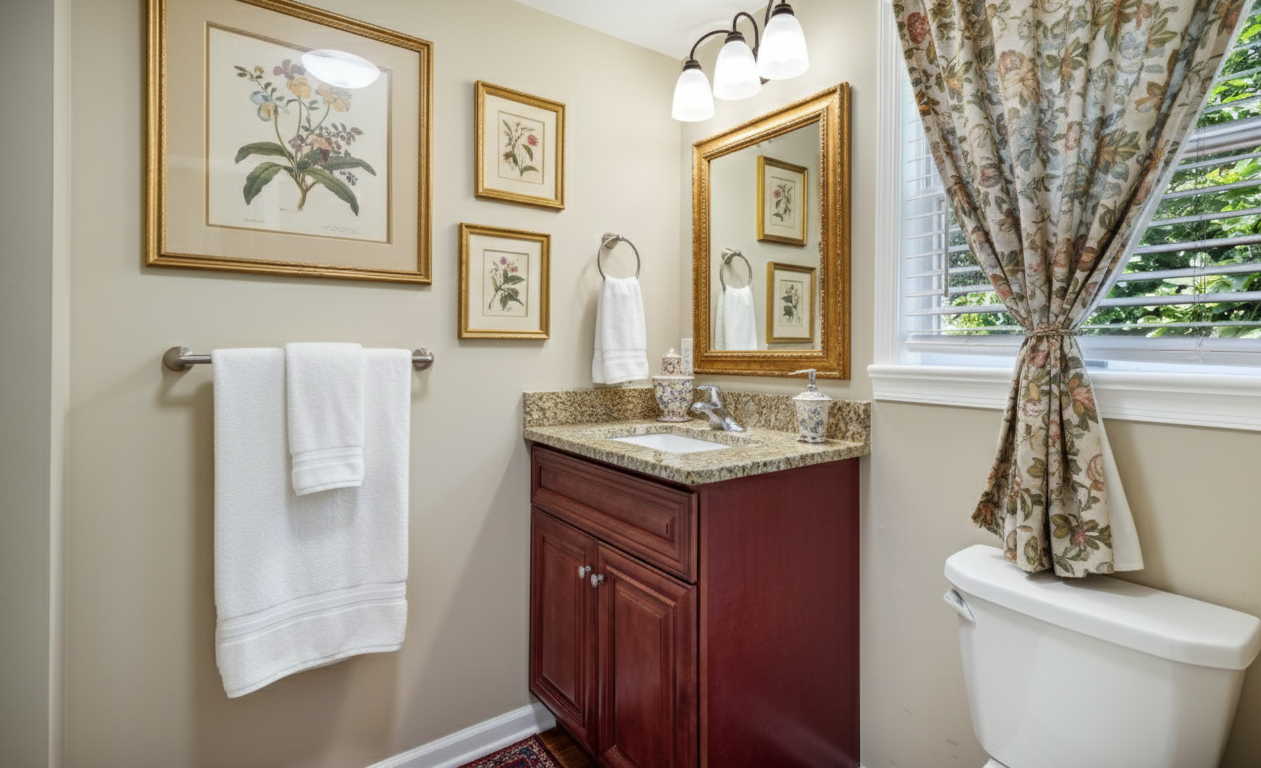 A bathroom with a granite countertop, wooden cabinet, framed botanical artwork, mirror, towel rack with white towels, decorative soap dispensers, a window with floral curtains, and a toilet.