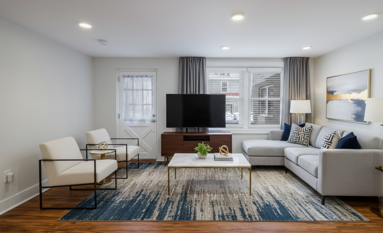 Modern living room with white walls, large window with gray curtains, a white sectional sofa with patterned pillows, a coffee table with a plant and decor, two armchairs with black metal frames, a flat-screen TV on a wooden stand, a painting on the w