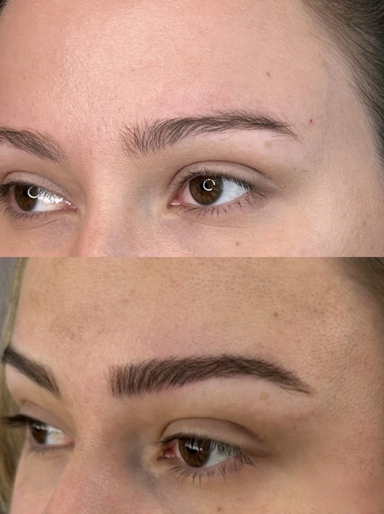 Close-up images of eyebrows before and after grooming or makeup, with the top showing natural eyebrows and the bottom showing well-shaped, filled-in eyebrows.