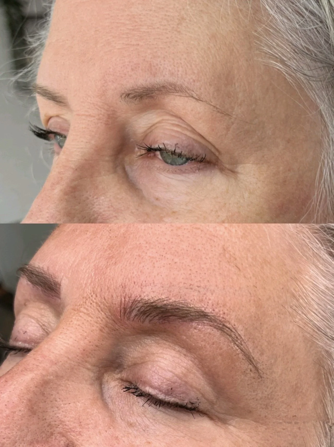 Close-up of a woman's face showing before and after images of eyebrow microblading.