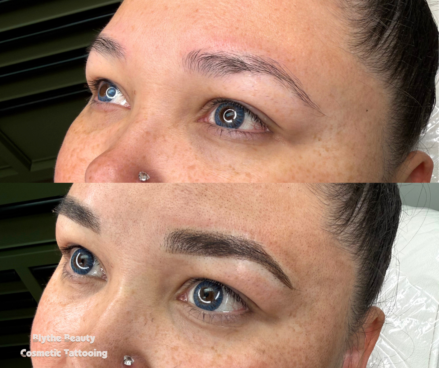 Before and after cosmetic eyebrow tattooing showing enhanced, groomed eyebrows on a woman with blue eyes and freckles.