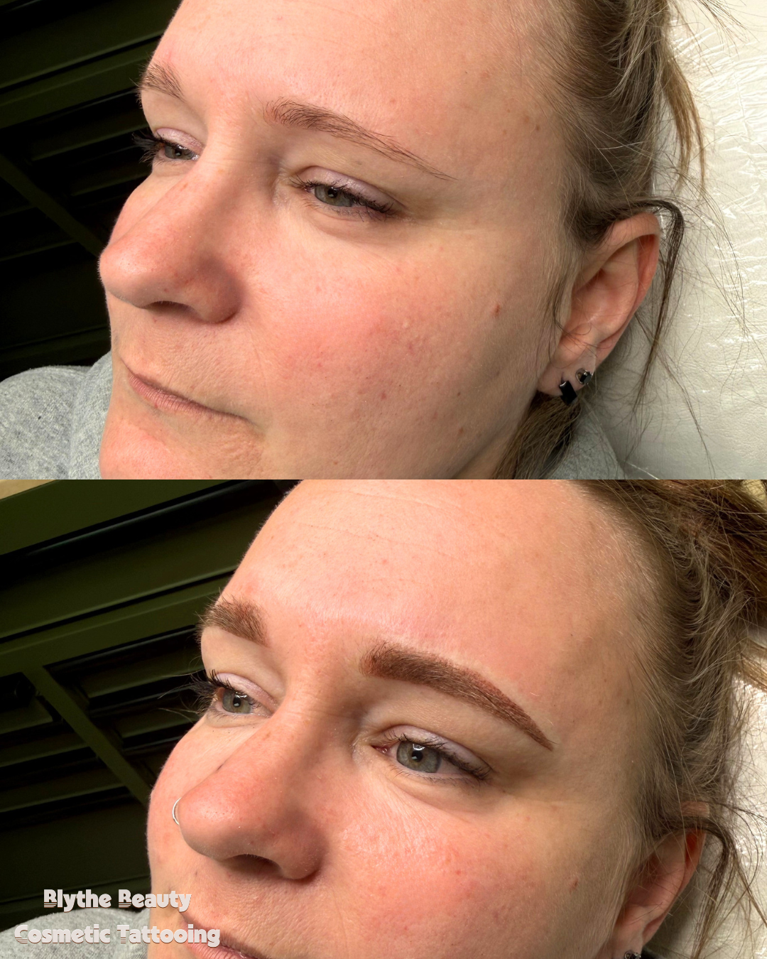 Close-up of a woman before and after cosmetic tattooing of eyebrows, showing natural eyebrows in the first image and well-defined, shaped eyebrows in the second.