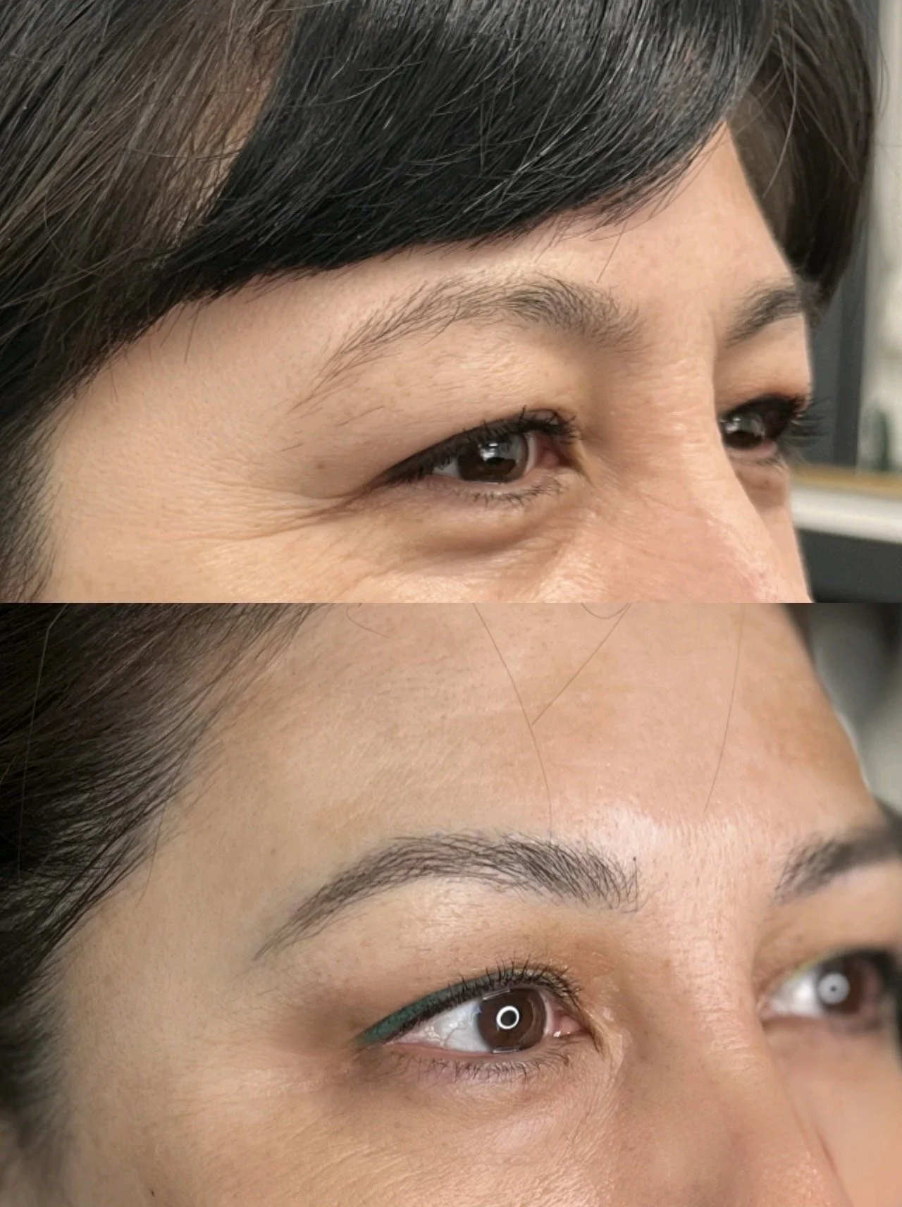 Close-up of a woman's eye area before and after makeup application and eyebrow grooming.
