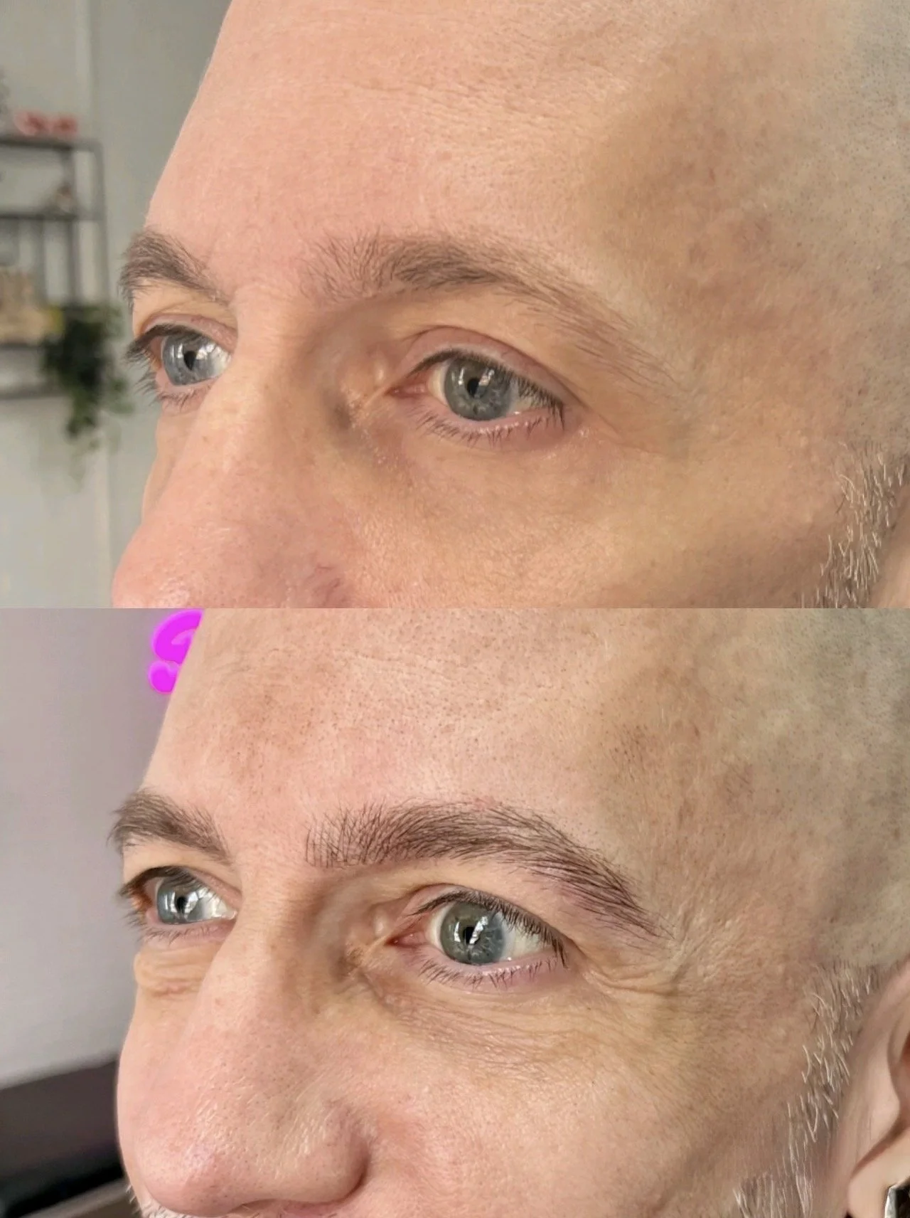 Close-up of a man's face before and after getting eyebrows shaped, showing the transformation in eyebrow appearance.