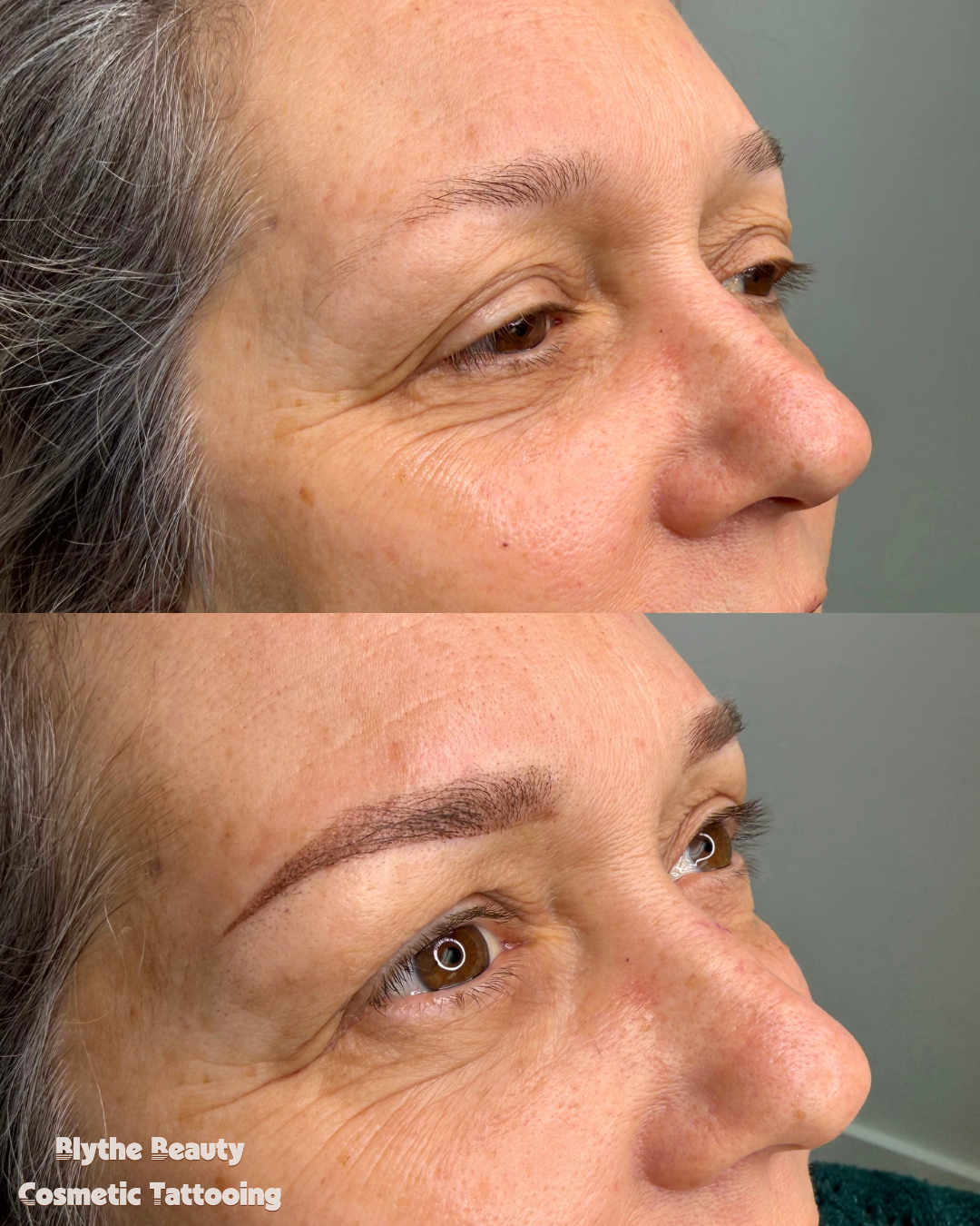 Before and after views of a woman's face showing the results of cosmetic tattooing on her eyebrows, with the after image displaying well-defined, filled-in eyebrows.