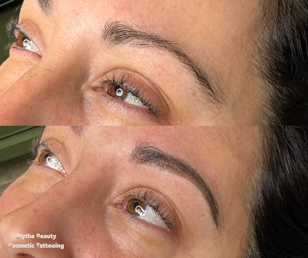 Close-up of a woman's eye area showing before and after brow tattooing, with light skin, brown eyes, and dark hair. The after image displays fuller, defined eyebrows. Text in the lower left corner reads 'Blythe Beauty Cosmetic Tattooing.'
