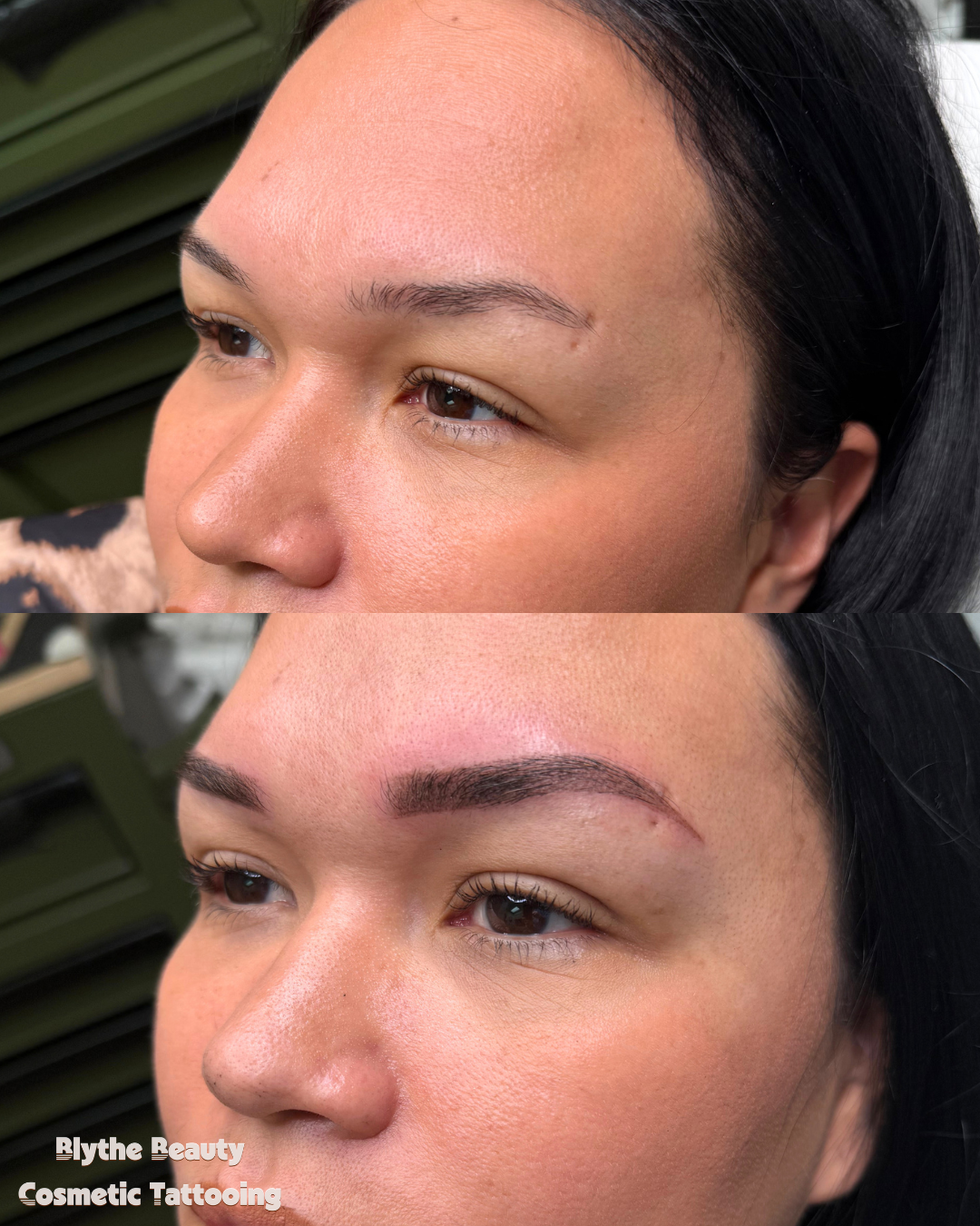 Close-up of a woman's face showing before and after cosmetic tattooing of eyebrows, with the after image displaying newly tattooed, well-defined eyebrows.