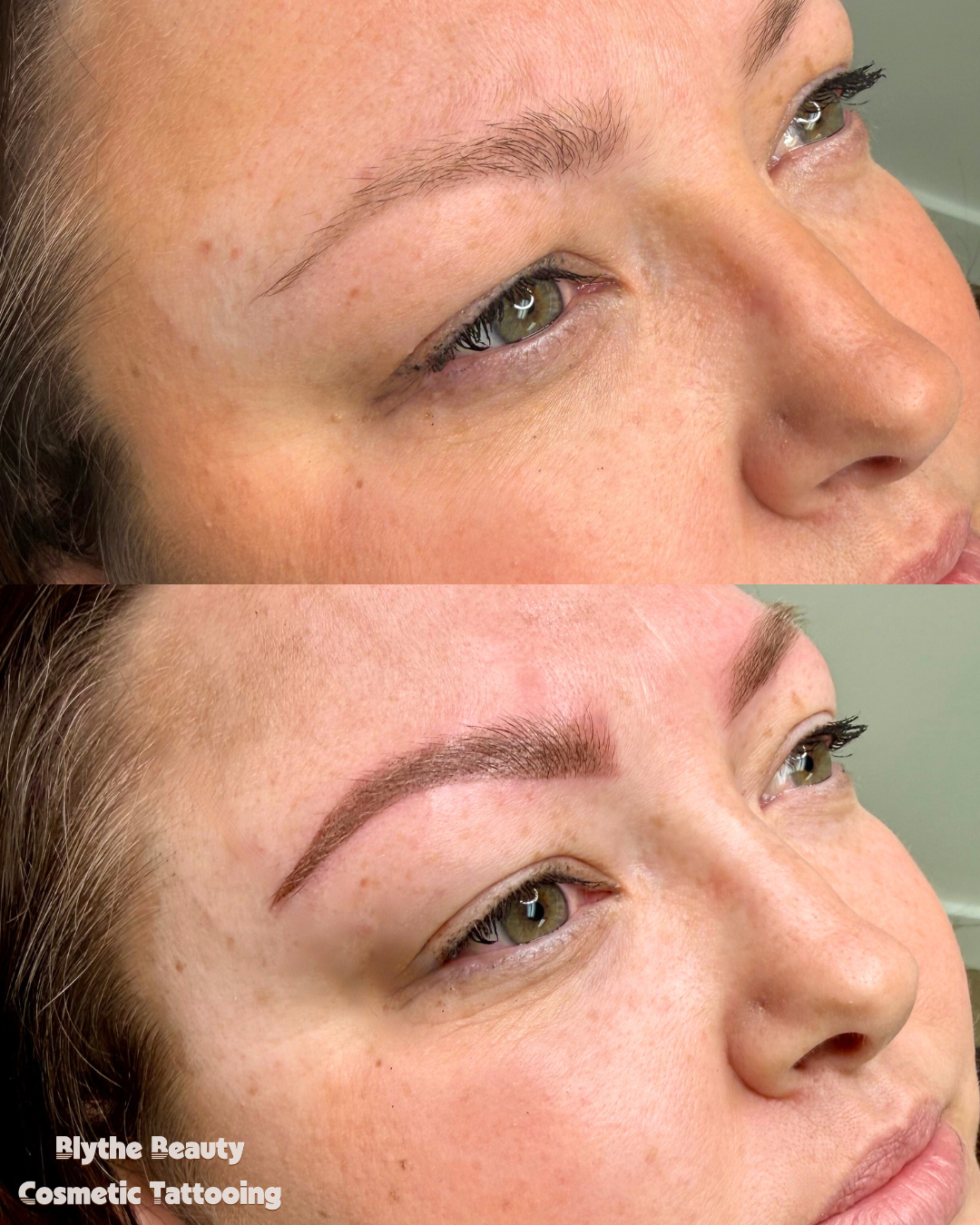 Close-up of a woman's face showing before and after eyebrow tattooing, with the after image displaying fuller, well-defined eyebrows.