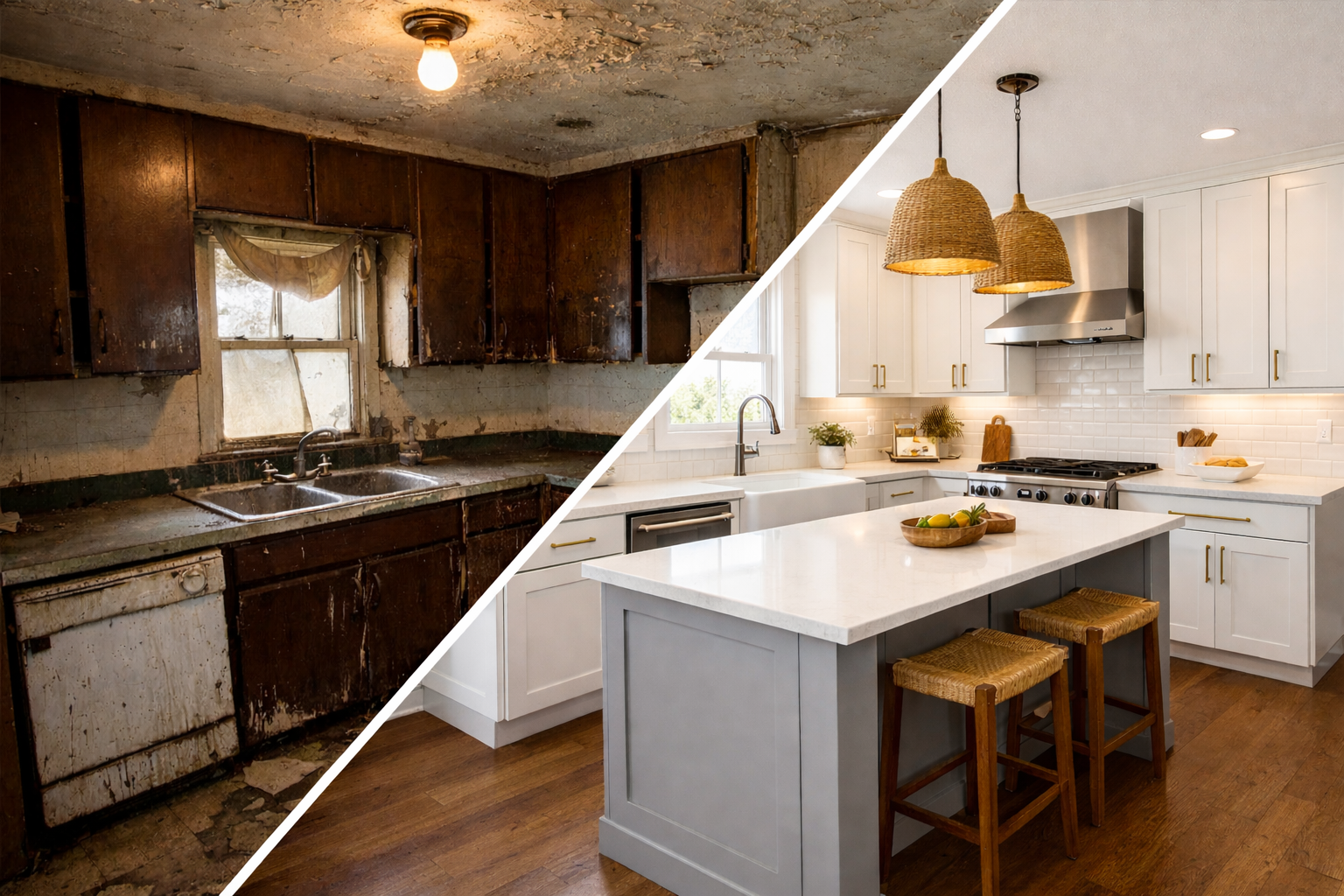 Comparison of an old, dirty, and neglected kitchen on the left with a modern, clean, and well-decorated kitchen on the right.