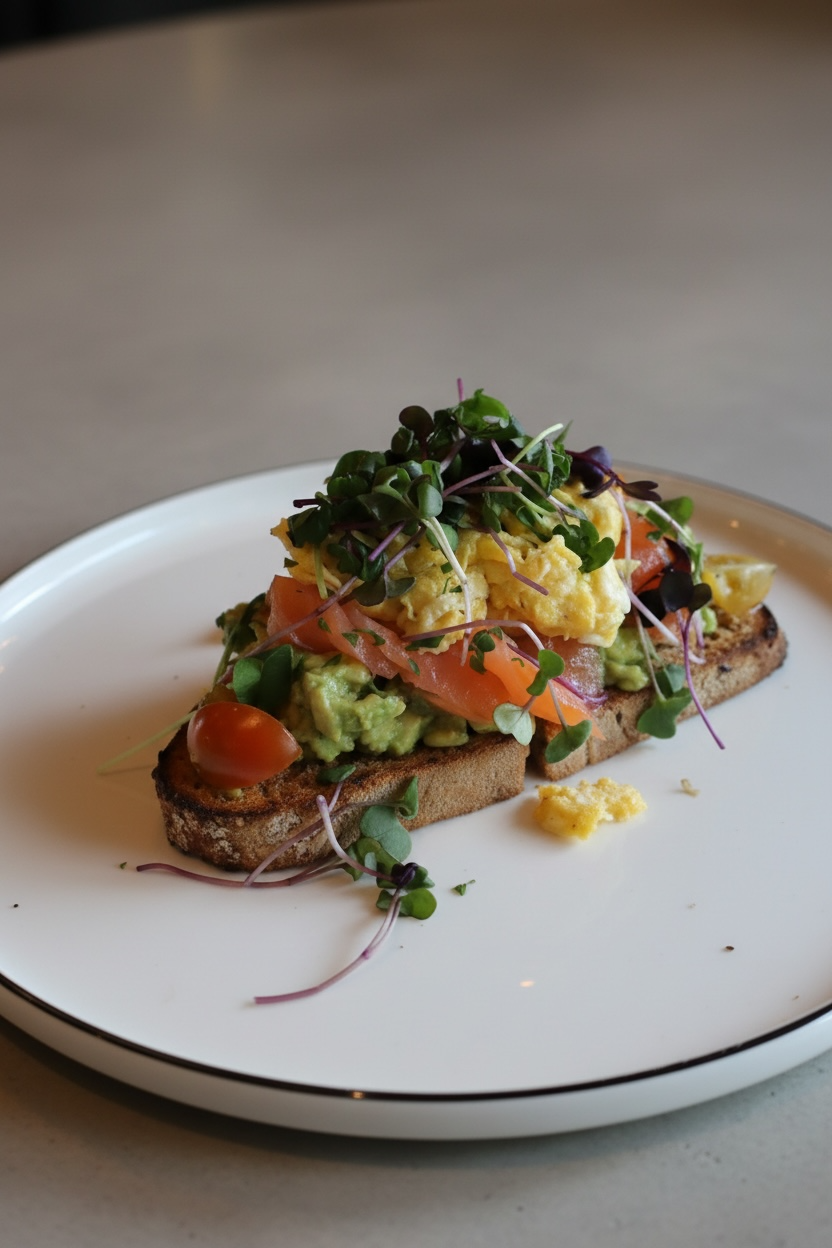 Open-faced toast topped with avocado, smoked salmon, cherry tomatoes, scrambled eggs, and microgreens on a white plate.