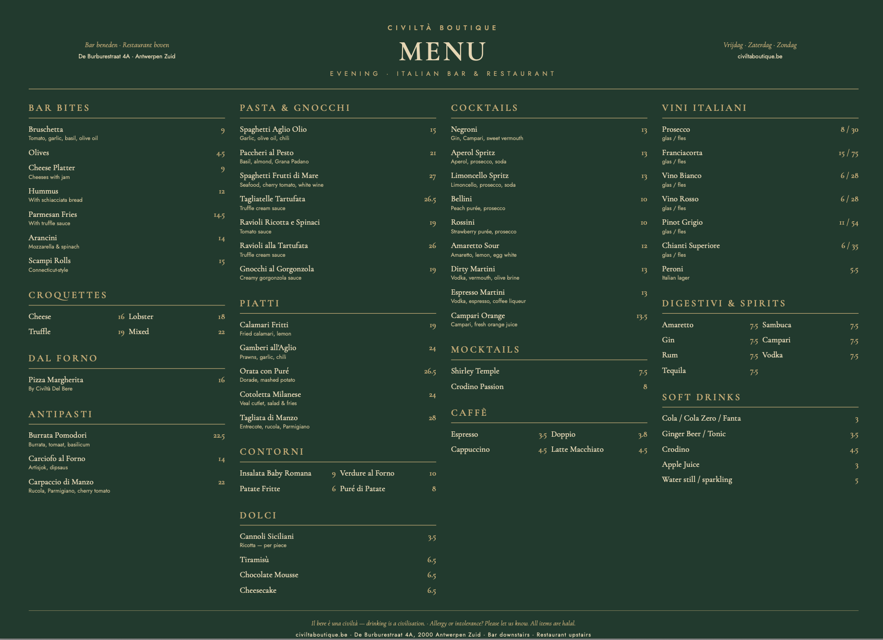 Een menukaart van een Italiaans restaurant met verschillende secties zoals bar bites, pasta en gnocchi, cocktails, wijn, croquettes, voorgerechten, pasta, contorni, desserts, mocktails, koffie, en dranken.