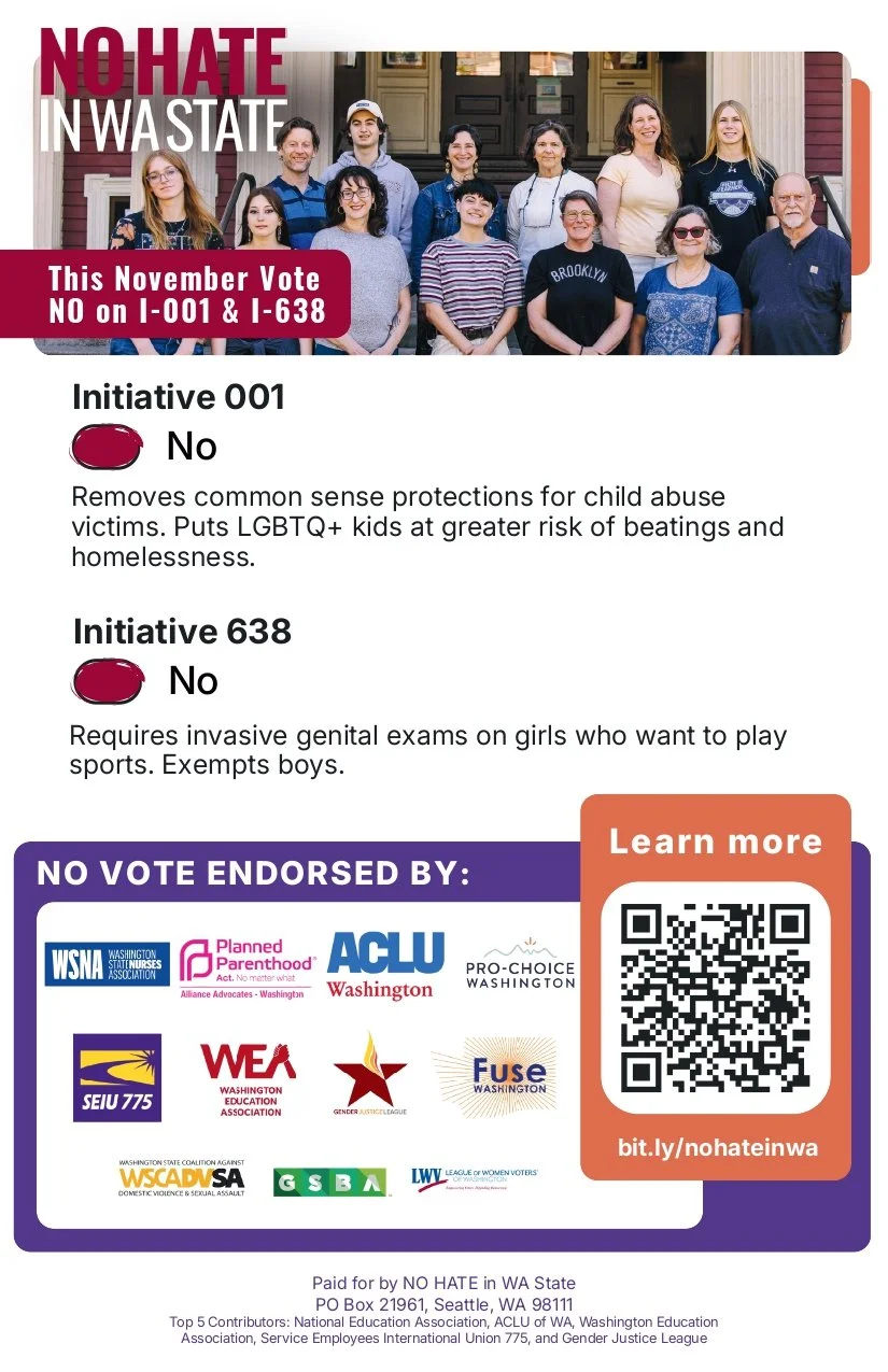 A group of diverse people standing on the steps of a building, smiling at the camera, promoting the NO HATE in WA State campaign. The poster urges voters to vote NO on Initiatives 001 and 638 in November, opposing measures that remove protections for child abuse victims and require invasive genital exams on girls playing sports.