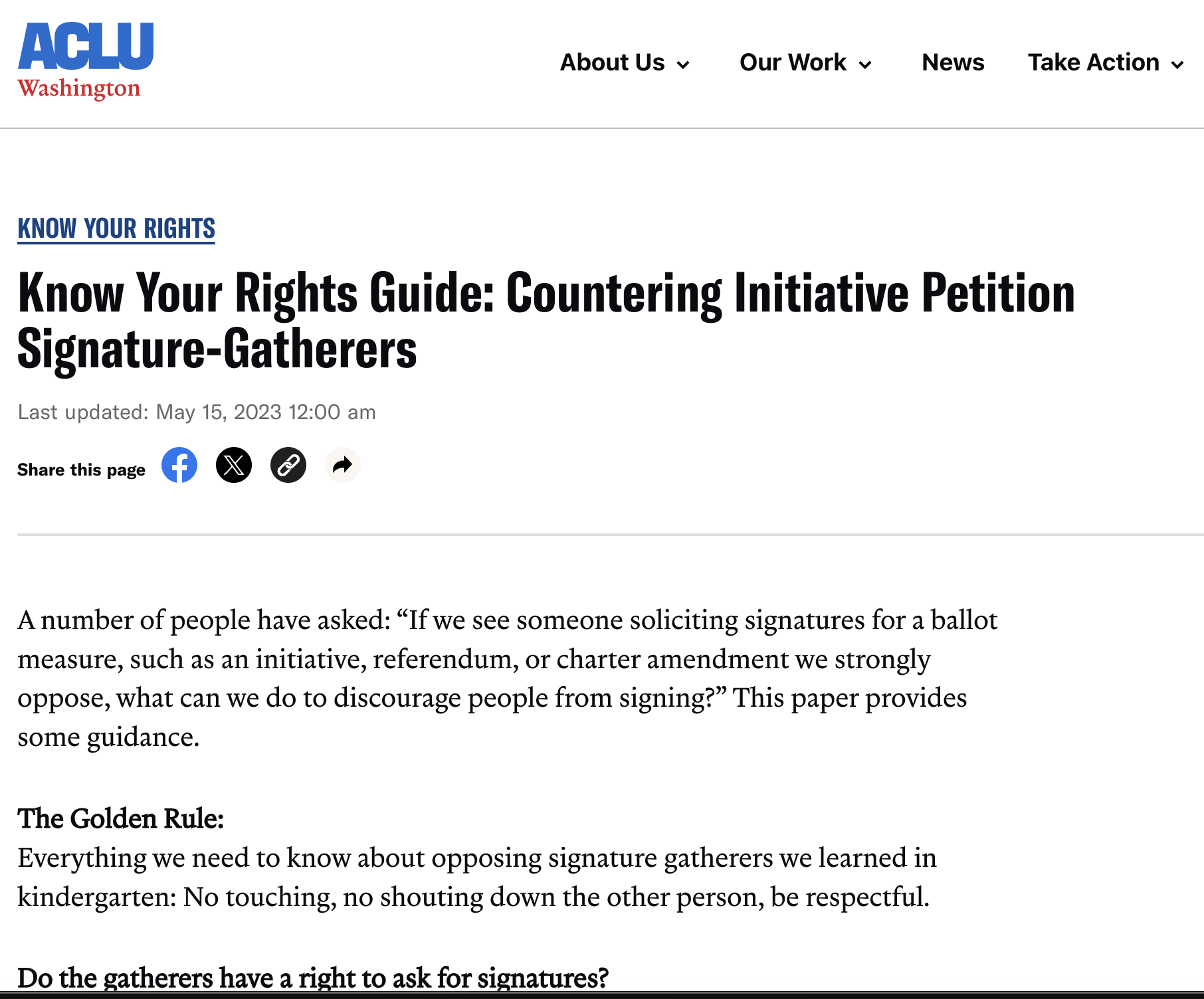 Screenshot of the ACLU Washington webpage titled "Know Your Rights Guide: Countering Initiative Petition Signature-Gatherers" last updated on May 15, 2023, with menu options about us, our work, news, and take action.