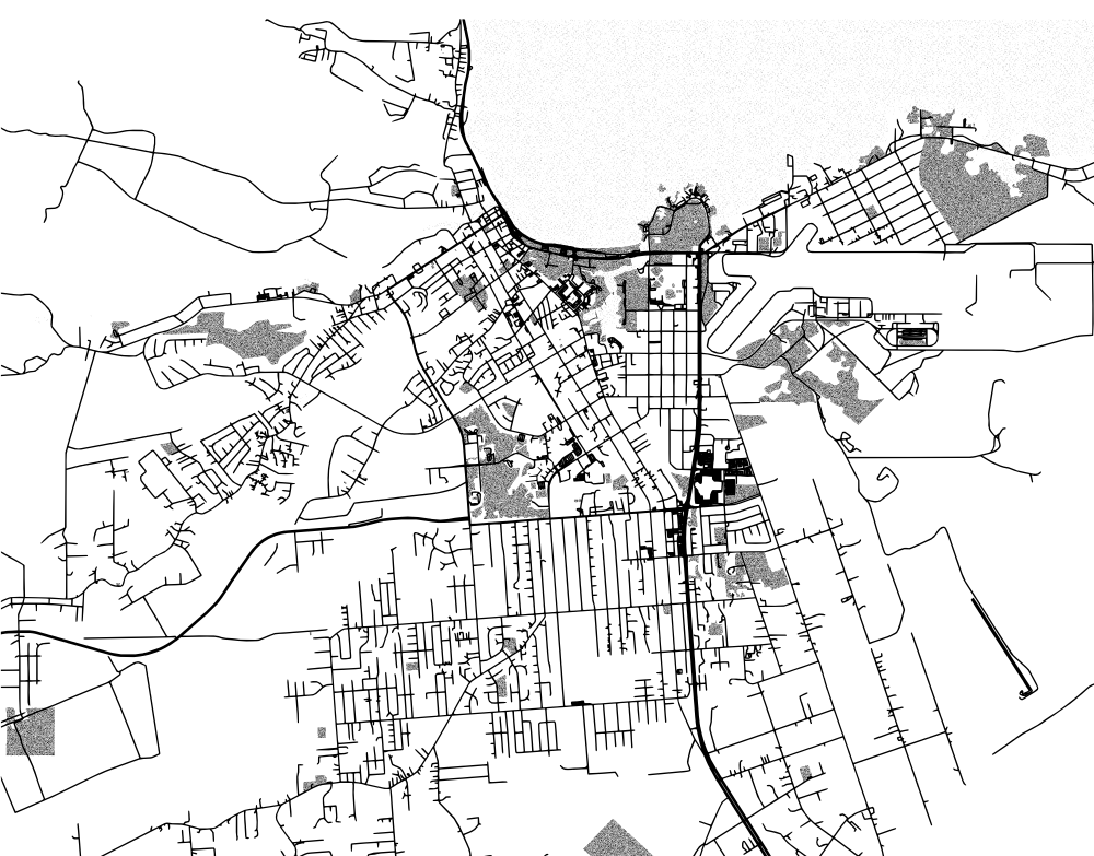 Aerial map of Hilo showing street grids