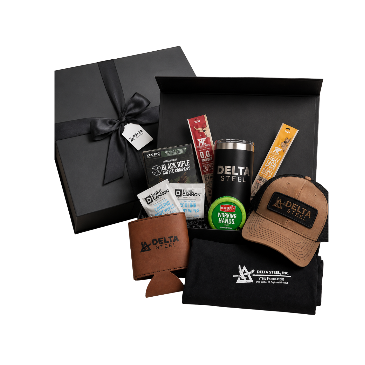 Black gift box with a black ribbon, containing Delta Steel branded items including a travel mug, a cap, a wallet, and various branded gifts and accessories.