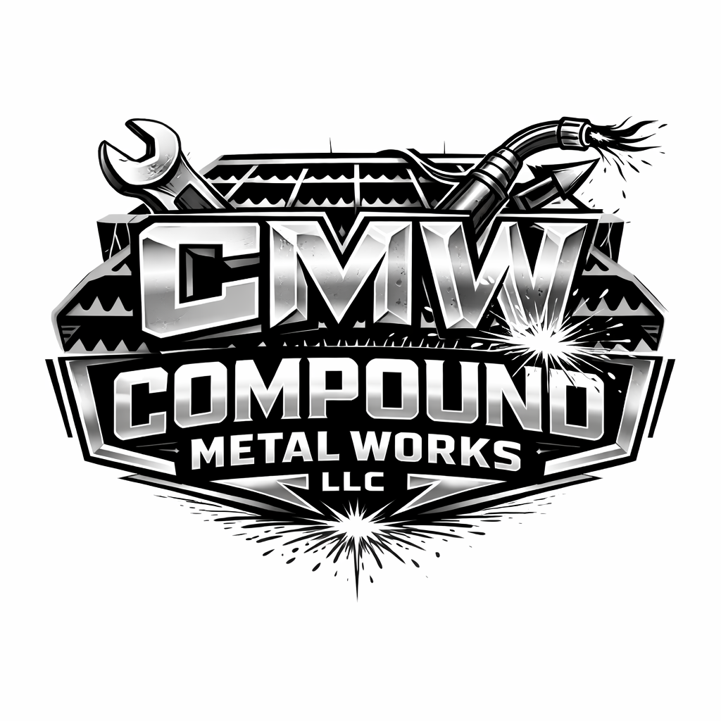 Black and white logo for CMW Compound Metal Works LLC featuring industrial tools, a welding torch, and sparks, with bold text.