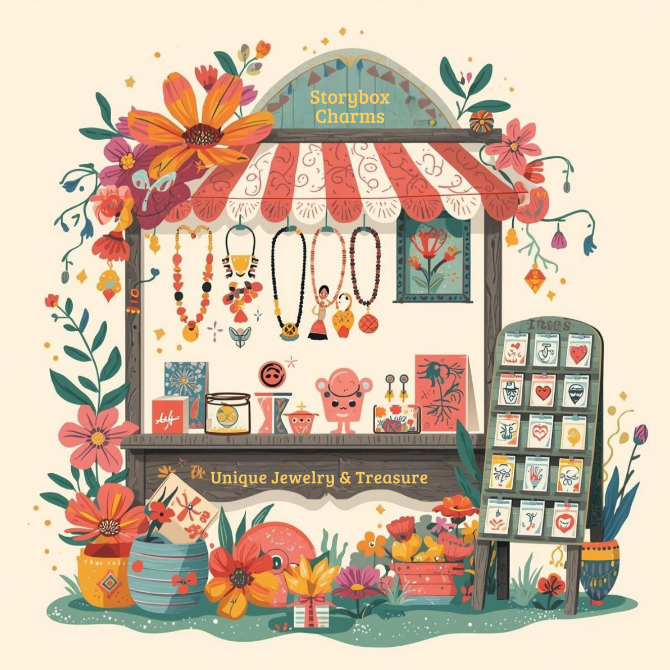 Illustration depicting a jewelry and treasure shop display with necklaces, charms, and accessories. The shop is decorated with flowers and colorful vases, with signs indicating "Storybox Charms" and "Unique Jewelry & Treasure."