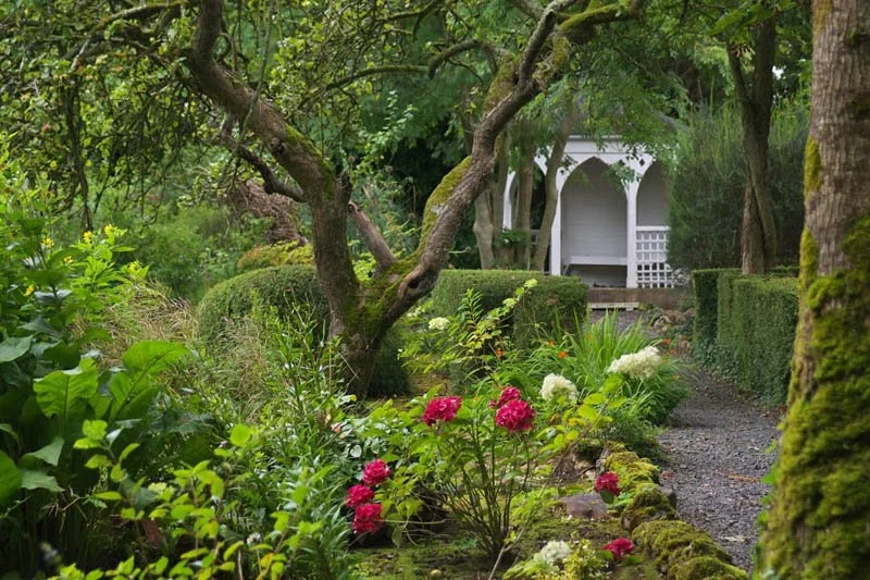 A lush garden with a variety of plants and flowers, including pink and white hydrangeas, with a gravel pathway leading to a white gazebo surrounded by trees and greenery.