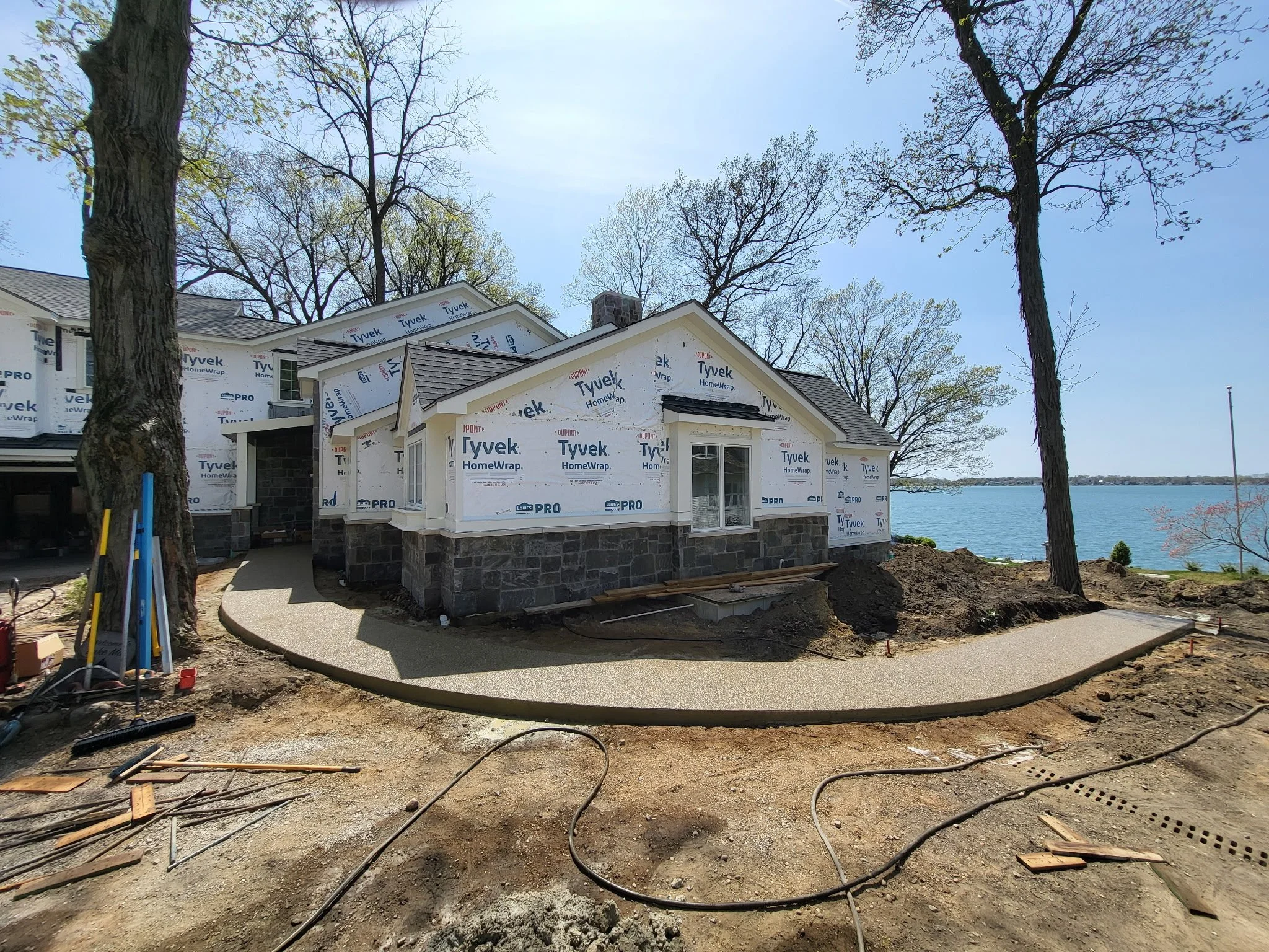 Beautiful decorative concrete sidewalk at lake house. 