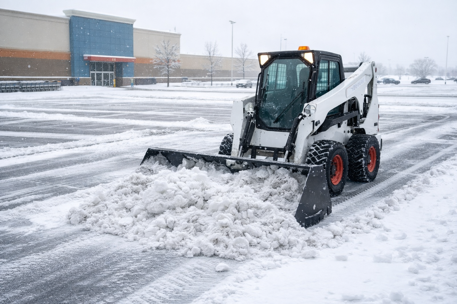 Snow removal machine clearing snow in a parking lot during winter.