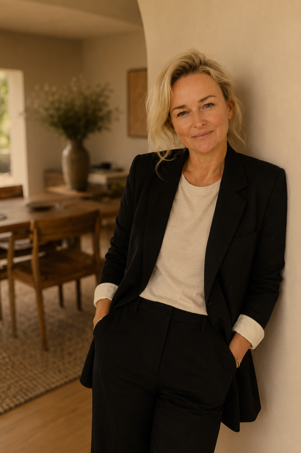 A woman with blonde hair wearing a black blazer and black pants leaning against a wall in a dining room.