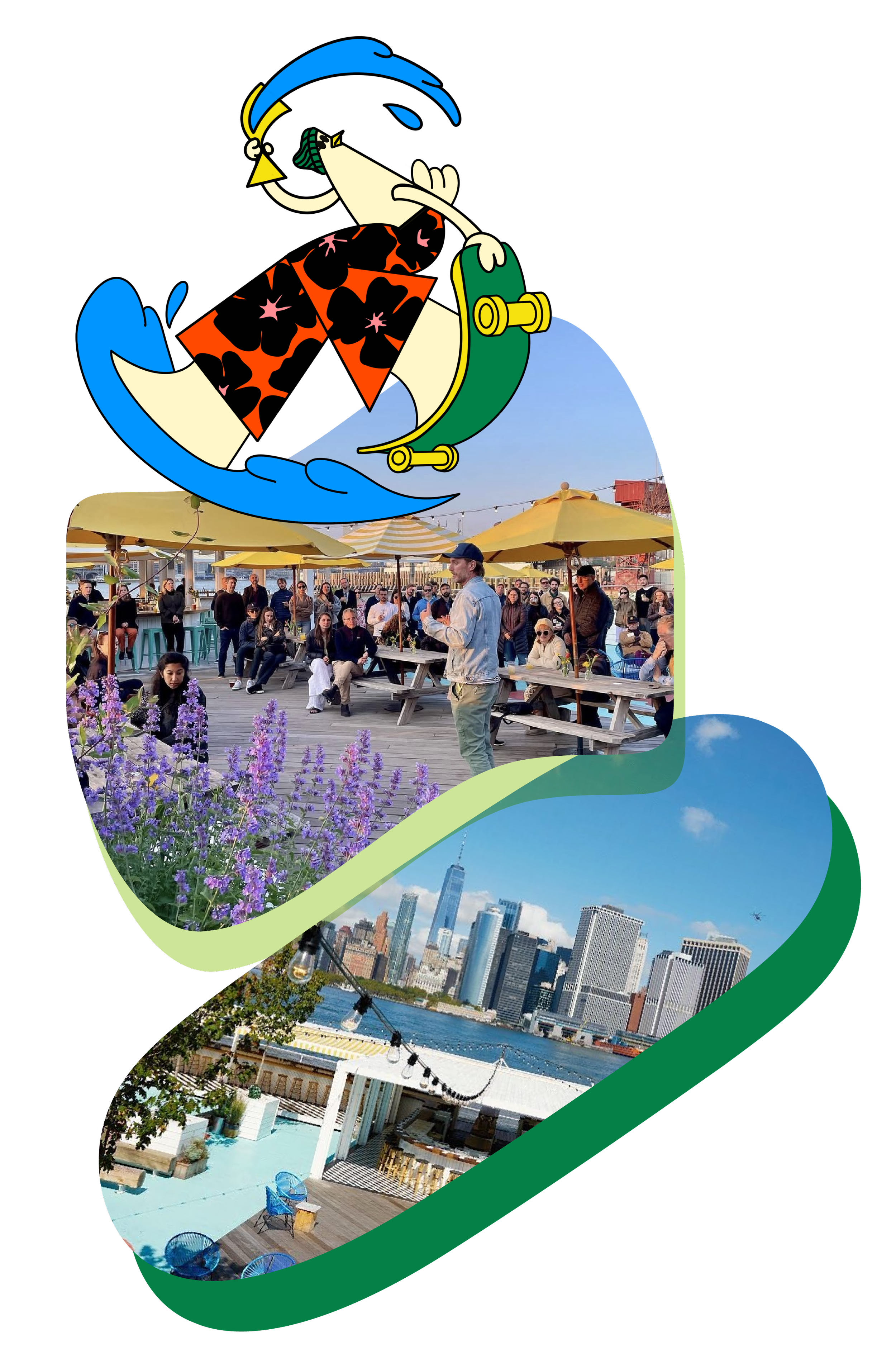 Collage of a colorful cartoon person with skateboarding gear, an outdoor social gathering with people sitting under umbrellas, a city skyline with tall buildings and a body of water, and a rooftop patio with chairs and string lights.
