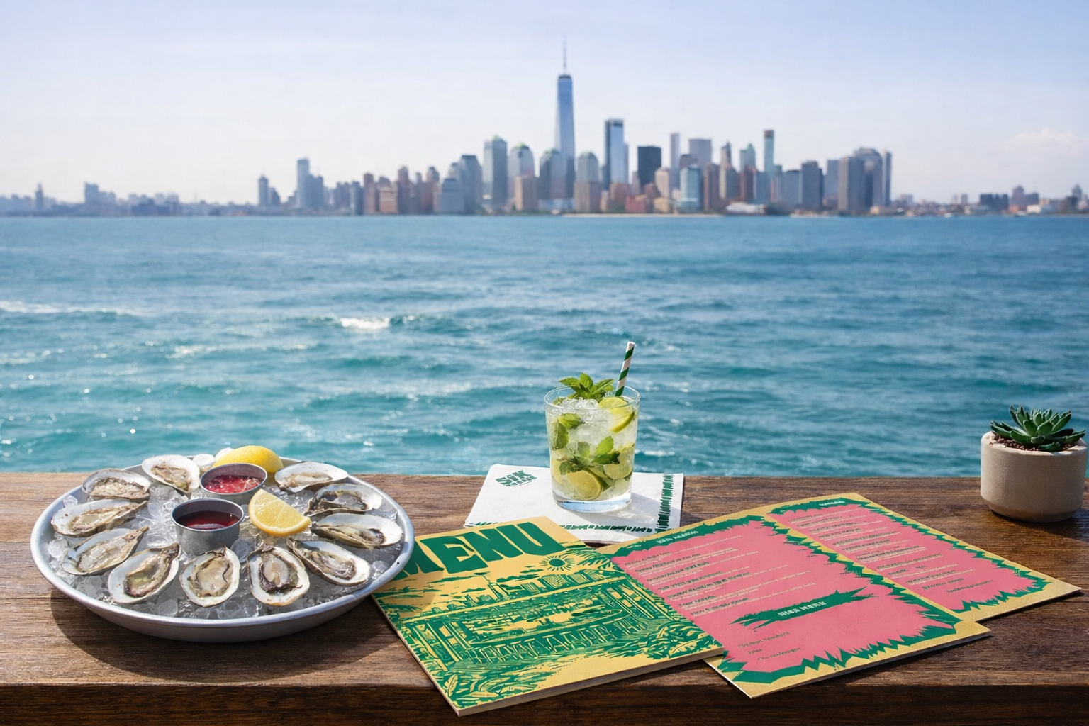 Seafood platter with oysters, lemon wedges, and sauces, a glass of mojito, restaurant menus, and a potted succulent on a wooden table overlooking a city skyline and water.