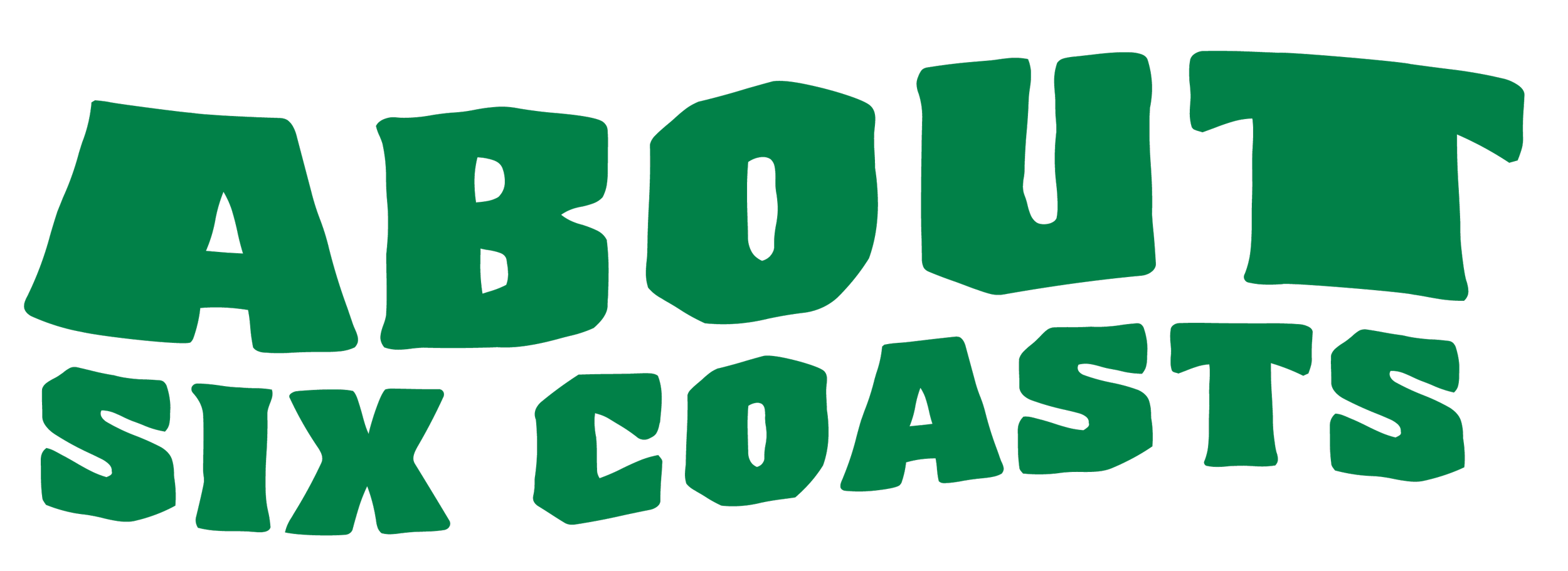 Text logo reading 'About Six Coasts' in bold, green, cartoon-style letters on a black background.