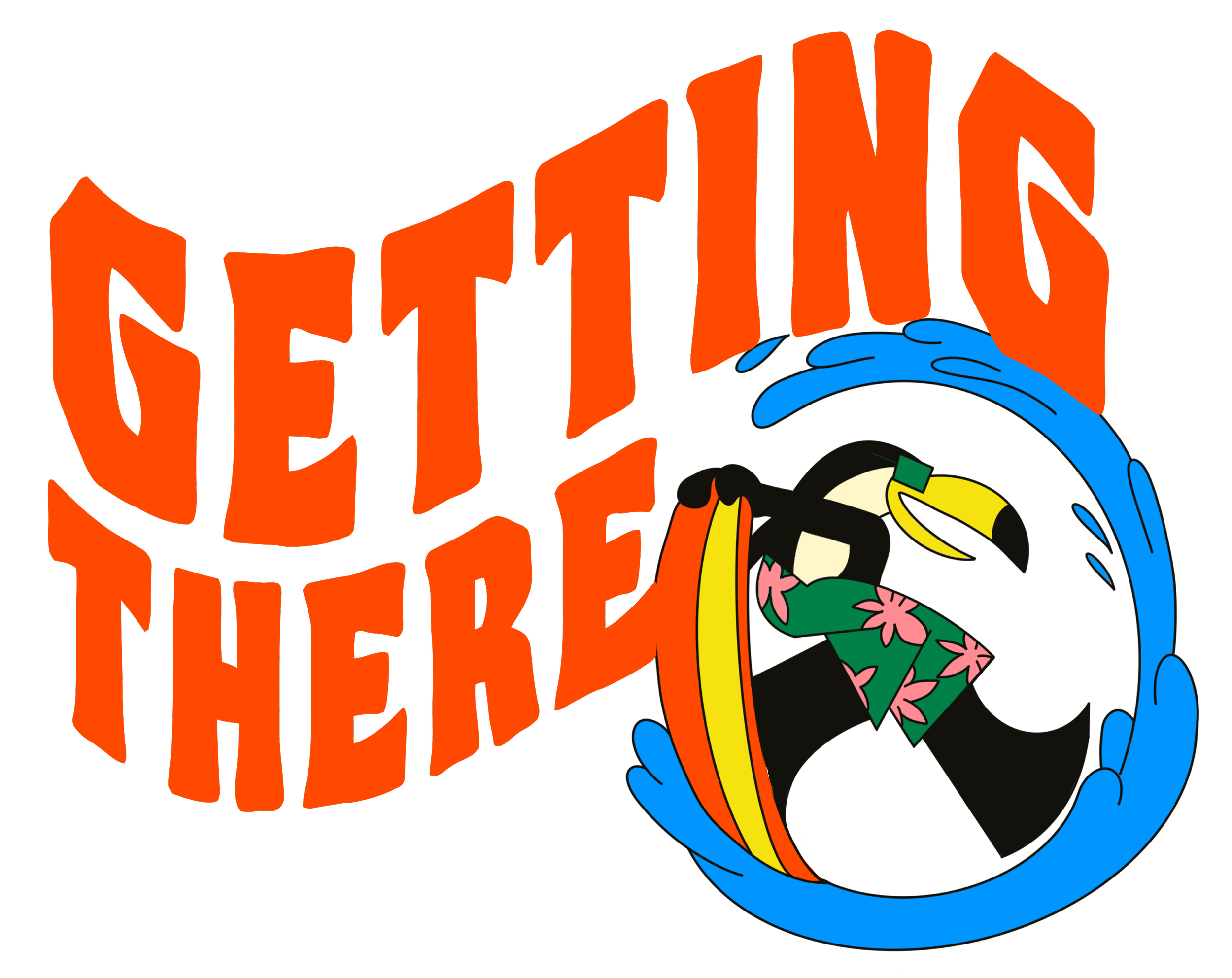 Halloween-themed graphic with orange text saying "Getting Here" and a cartoon black cat wearing pink flowered shorts inside a blue and yellow circular border.