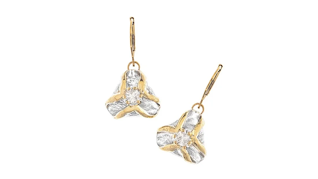 Tri-Fold Earrings Sterling Silver, 14k Gold, White Topaz