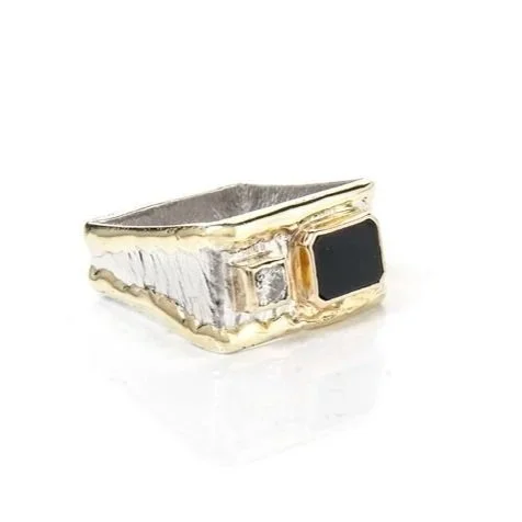 Onyx & Diamond Square II Sterling Silver, 14k Gold, Onyx, .25 Diamond
