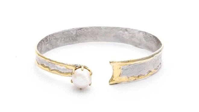 Narrow Wraparound Cuff  Sterling Silver, 14K Gold, FW Pearl