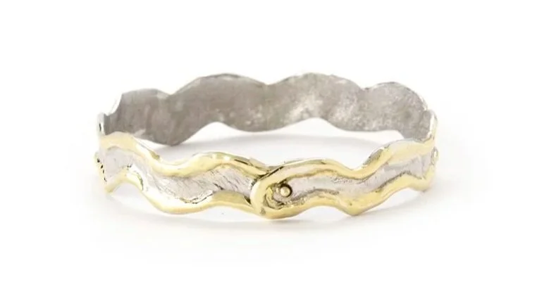 Narrow Wavy "Snap" Bangle Sterling Silver, 14K Gold