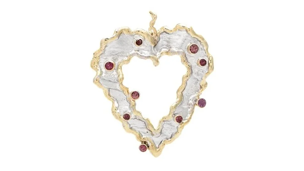 Ruffled Heart Sterling Silver, 14k Gold, Pink tourmaline