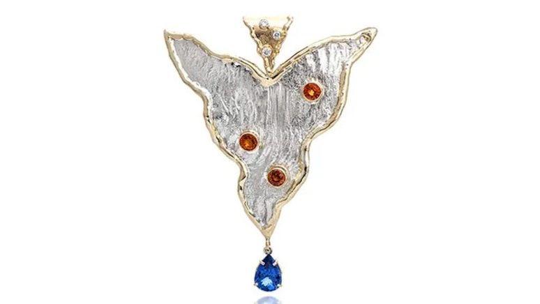 Abstract Drop Slide Sterling Siver, 14k Gold, Tanzanite, Orange Sapphires, Diamonds