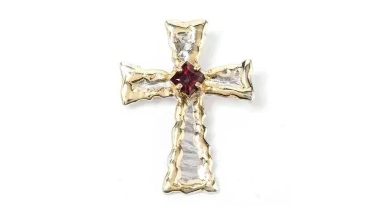 Rugged Cross Sterling Siver, 14k Gold, Garnet