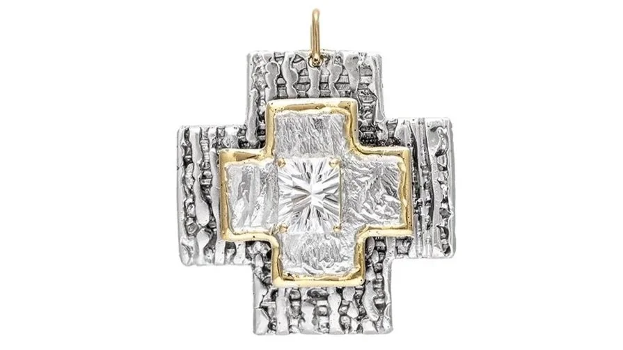 Greek Cross 2 Layer Sterling Siver, 14k Gold, White Topaz