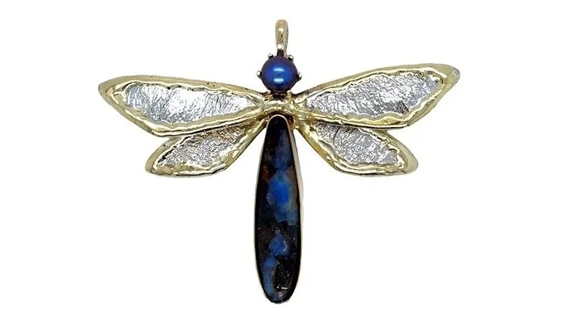 Dragonfly Sterling Siver, 14k Gold, Boulder Opal, Pearl