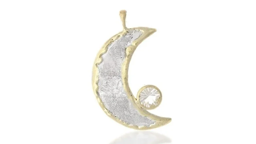 Crescent Moon Sterling Siver, 14k Gold, White Topaz