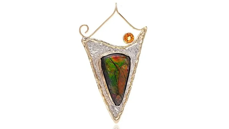 Ammolite Amulet Sterling Siver, 14k Gold, Amolite, Orange Sapphire