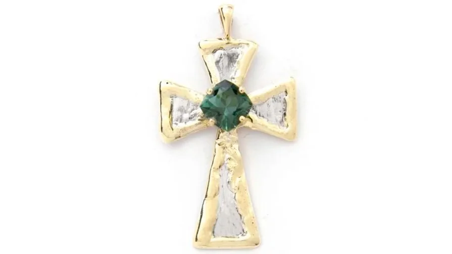 Byzantine Cross Sterling Siver, 14k Gold, Green Tourmaline