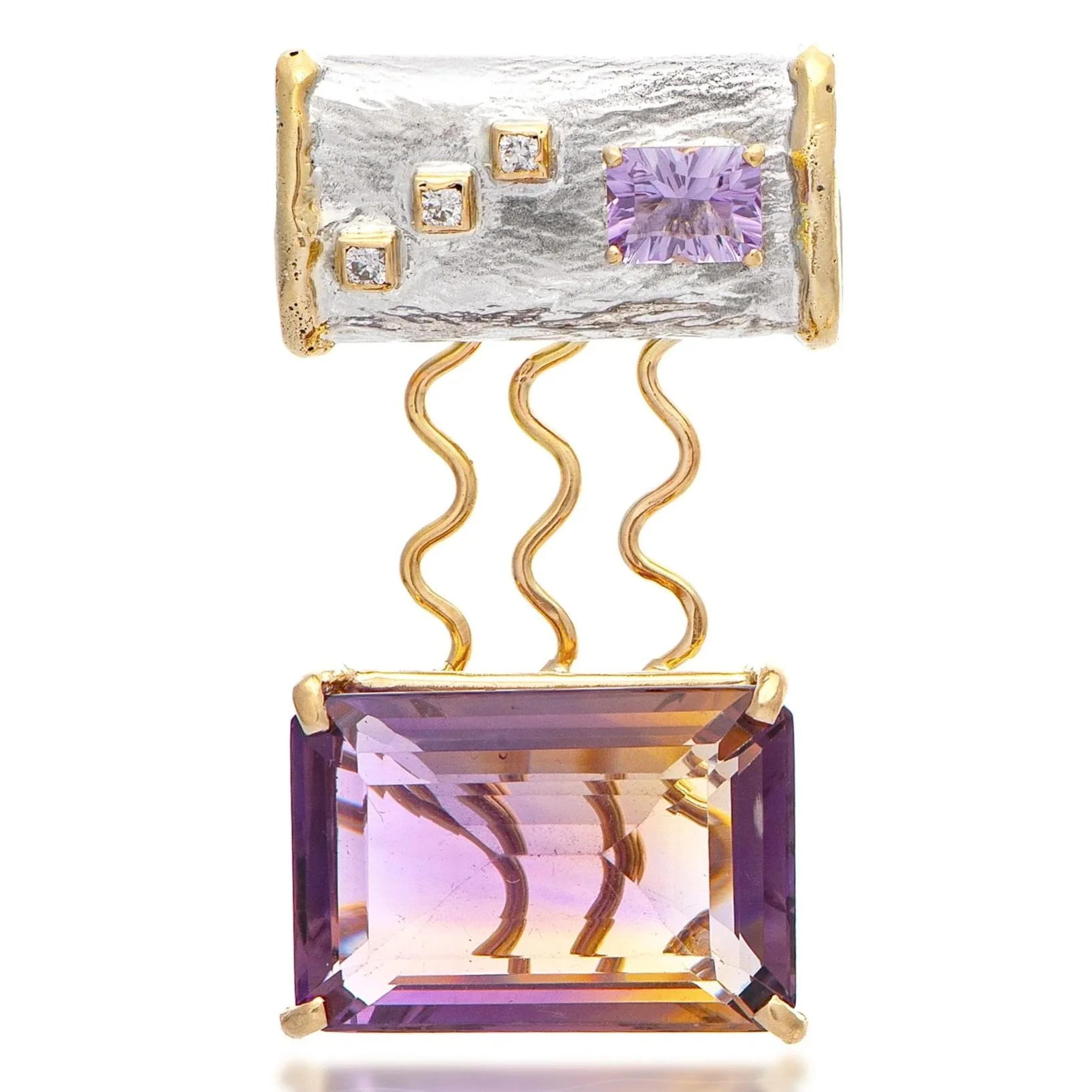 Triple Connection Sterling Siver, 14k Gold, Ametrine, Pink amethyst, Diamond