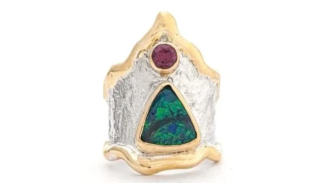 Opal Mountain Sterling Silver, 14k Gold, Australian Opal, Rhodolite Garnet