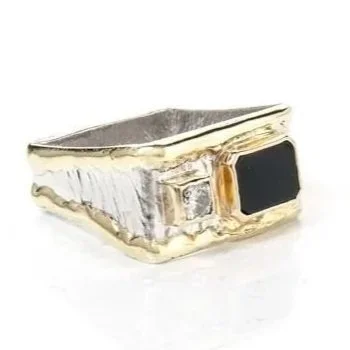 Onyx & Diamond Square II Sterling Silver, 14k Gold, Onyx, .25 Diamond